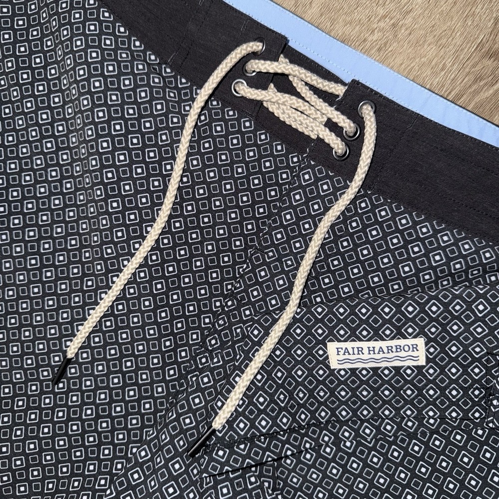 Fair Harbor The Nautilus Boardshorts Men's 38 8" Black Geometric Performance